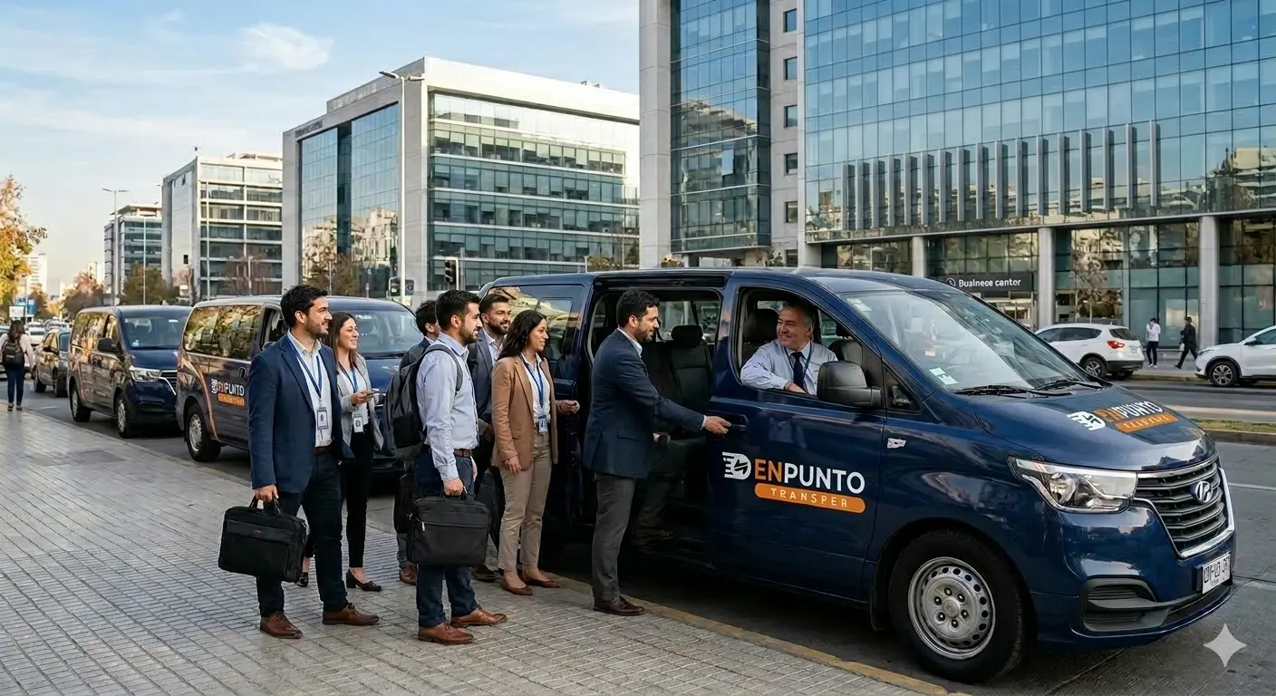 Van de transporte privado EnPunto Transfer trasladando a un equipo de trabajadores frente a edificios corporativos en Santiago.